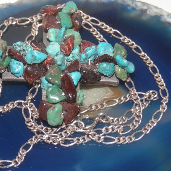 Sterling SilverTurquoise/Amber Chip Cross Pendant - Picture 2 of 4